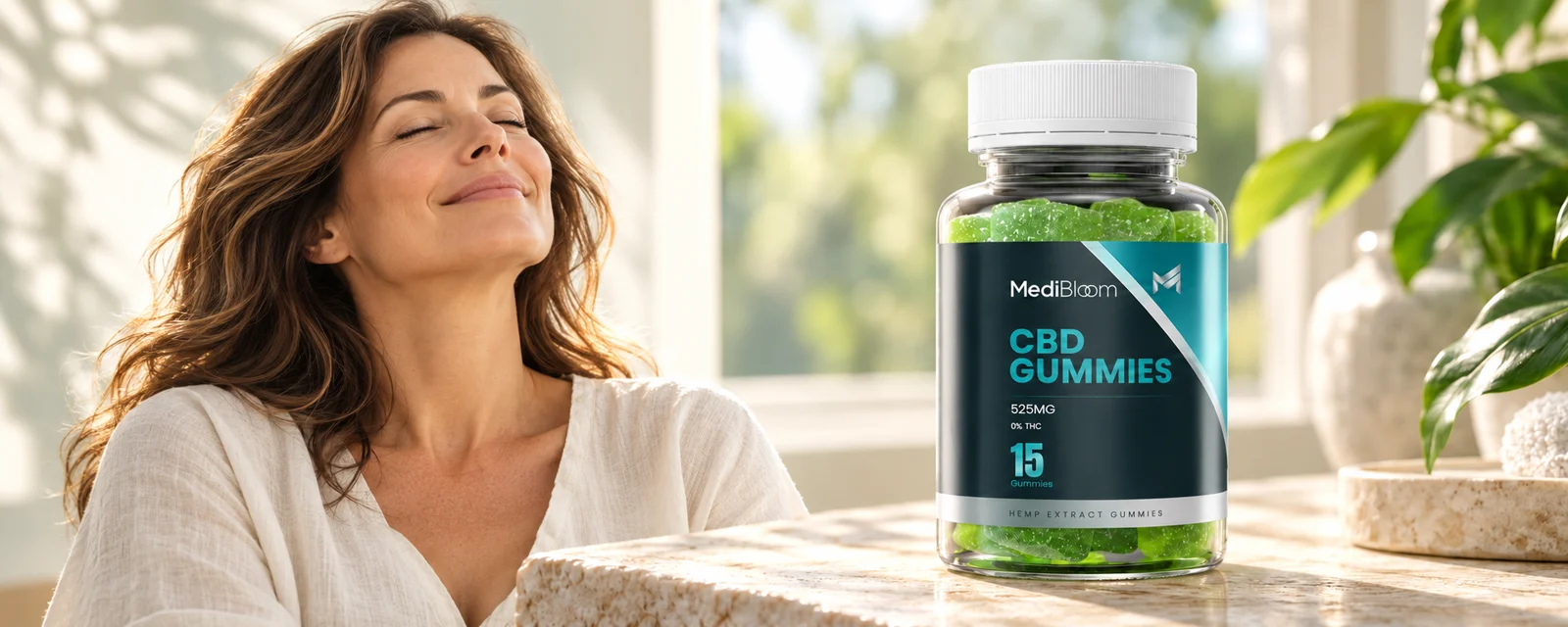 Illustrative wellness scene with a relaxed adult beside the MediBloom bottle