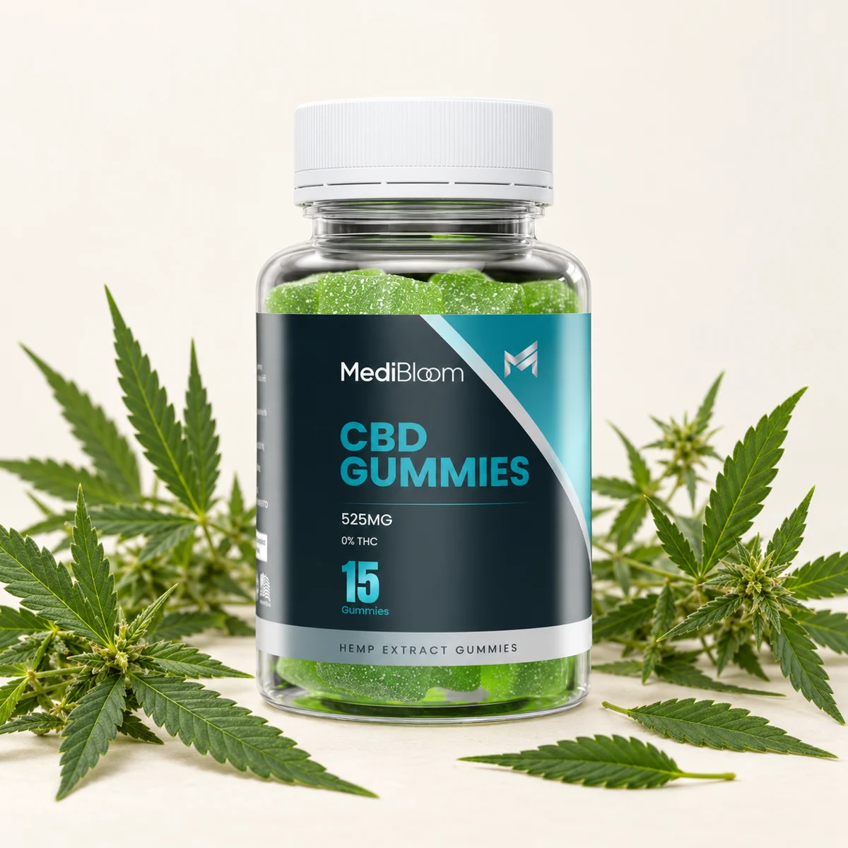 MediBloom bottle arranged with hemp leaves on a cream surface